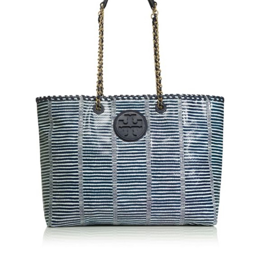Tory Burch Navy and White Striped Chain-Handle Tote